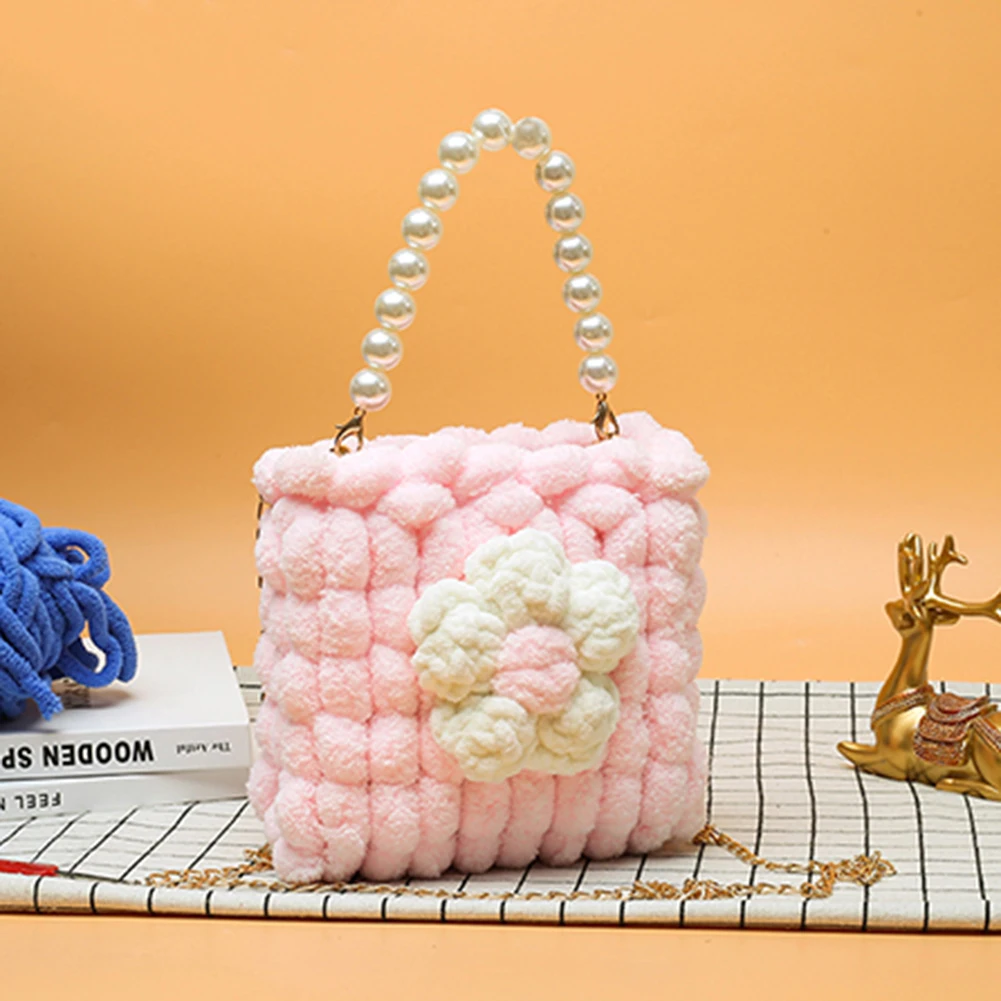 

Women DIY Flower Ball Knit Shoulder Bag Female Casual Pearl Chain Crossbody Bags Autumn Winter Hit Color Mini Purse 2021 new