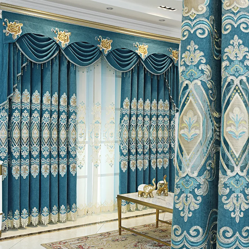 

European Style Curtains for Living Dining Room Bedroom Light Luxury Chenille Embroidered Curtains Finished Product Customization