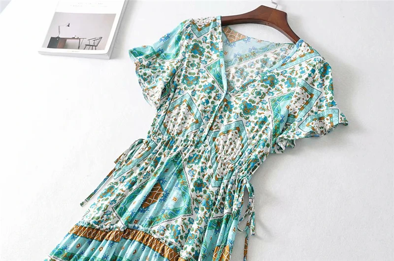 Boho шикарное женское платье с цветочным принтом, с расклешенными рукавами, богемное хлопковое платье макси из вискозы, женское винтажное платье с v-образным вырезом на шнуровке и оборками