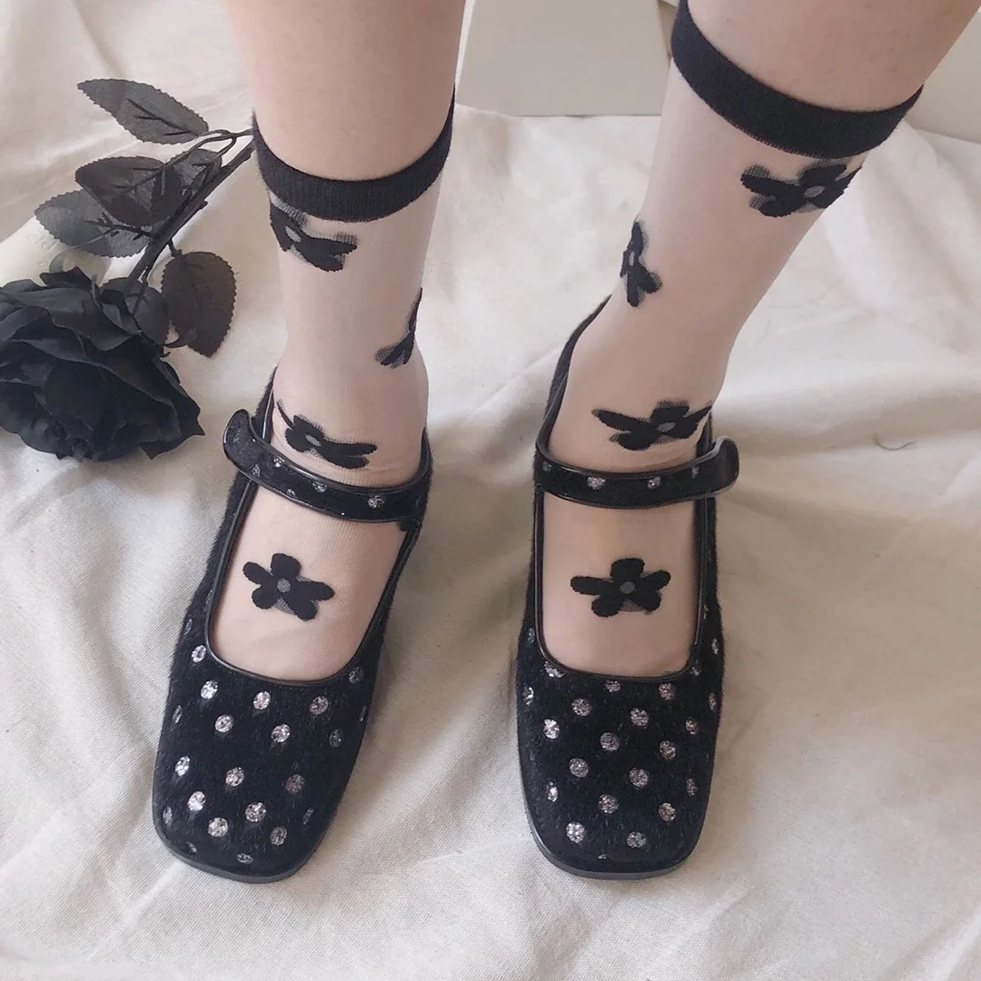 

Носки женские, черные, белые, прозрачные, с принтом в виде подсолнуха