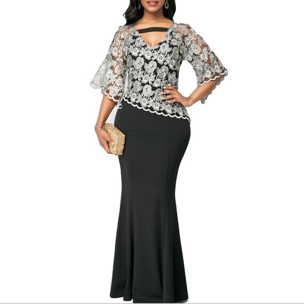 

Woman Dress 2021 Spring Sexy V Neck Banquet Embroidery Floral Lace Long Party Dress Casual Plus Size Slim Mermaid Maxi Dresses