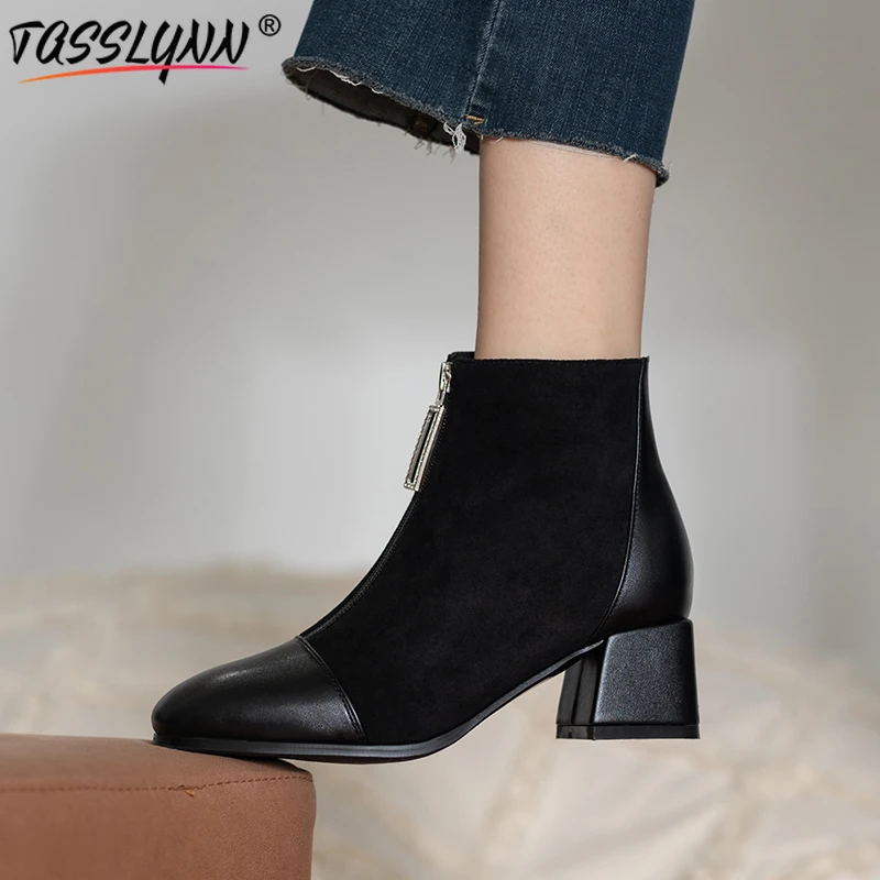 

TASSLYNN 2020 Front Zipper Winter Boots Women Flock PU Patchwork Women Boots Ankle Sexy Slim Boots Crystal Round Toe Women Shoes