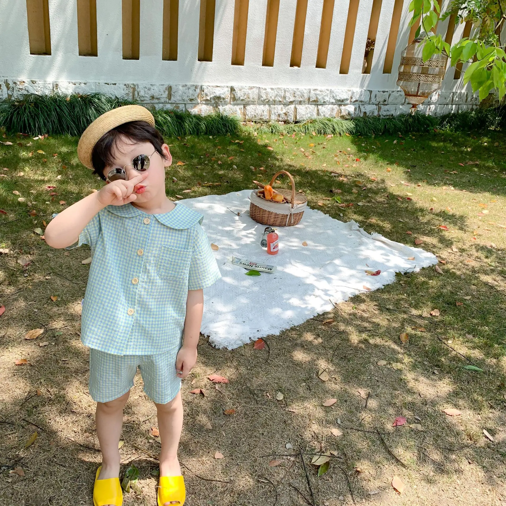 Летние милые комплекты одежды в клетку с матросским воротником для мальчиков и