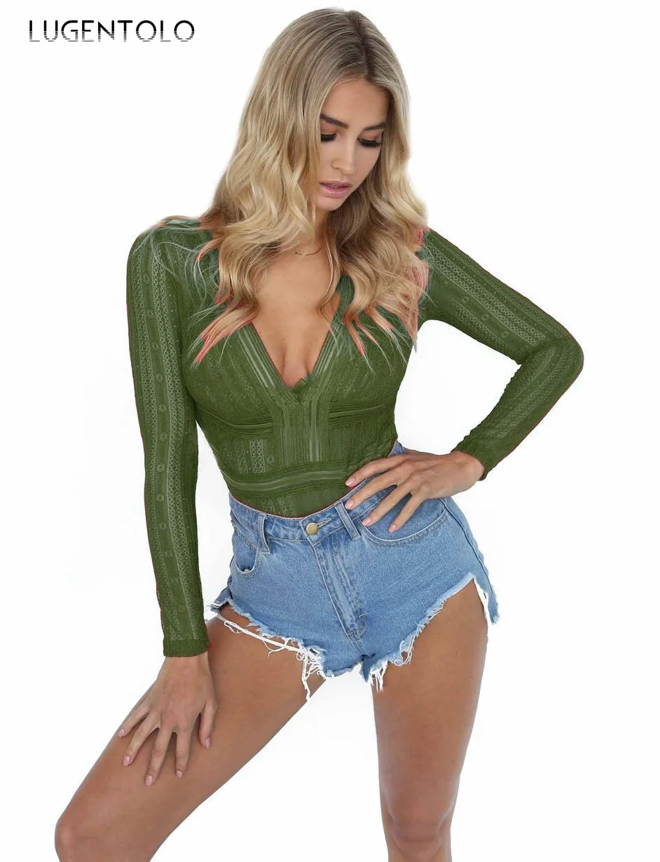 Lugentolo Women Jumpsuit Fashion Top Hollow Summer Sexy Lace Solid Stripe V-neck Long Sleeve Casual Bodysuits | Женская одежда