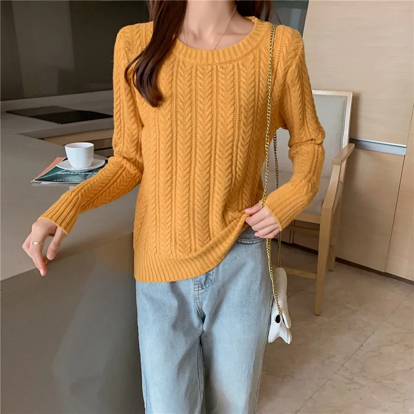 

Fashion women spring Autumn O-neck sweater Hemp flowers pattern solid color lady Basic style bottoming shirt knitwear sweater