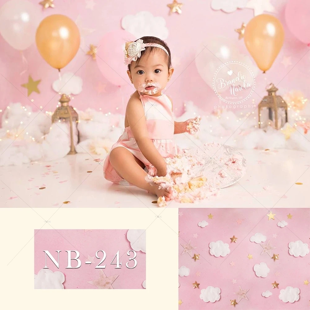 

Pink Clouds Girls Cake Smash Birthday Party Photo Background Newborn Baby Kids Portrait Backdrop Photography Photo Shoot Banner