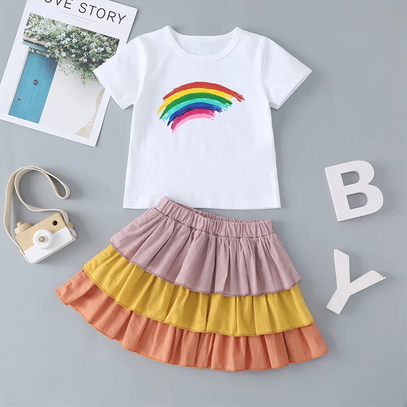 

Осень 2021 Новое поступление повседневное модное Радужное платье для девочек с коротким рукавом с круглым вырезом триколор костюм 3-18 м