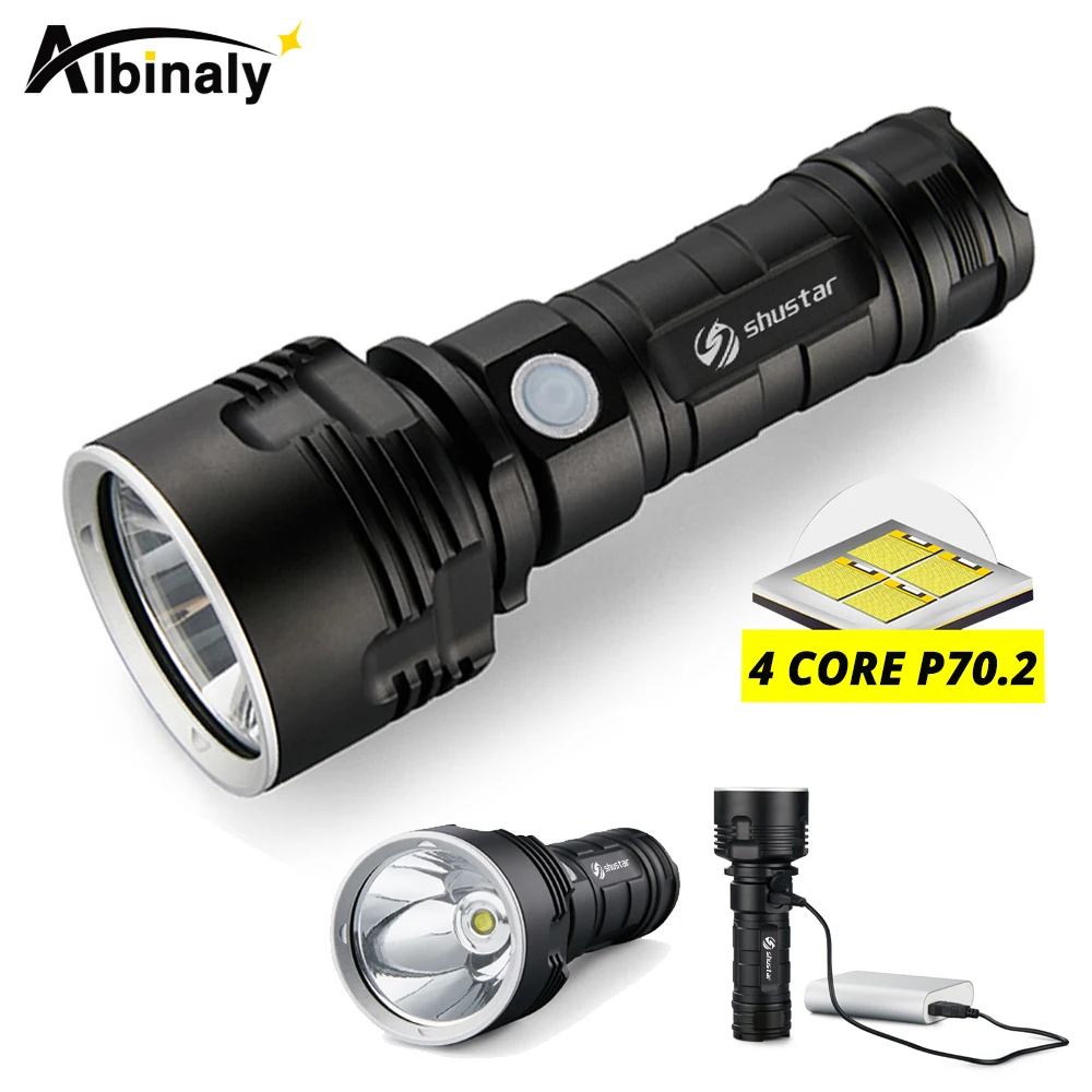 Ultra Bright LED Flashlight With 4 CoreP70.2 Lamp bead 3 Lighting modes waterproof camping huting light Powered by 26650 battery