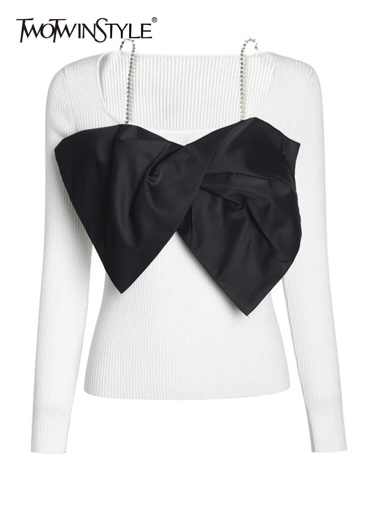 

Женский свитер с бантом TWOTWINSTYLE, черный свитер с круглым вырезом и длинным рукавом, корейский стиль, модная одежда