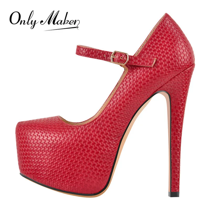 Onlymaker Women Platform Mary Jane Ankle Strap Stiletto Pumps 16cm Thin High Heels Dress Buckle Big Size Lady Pumps