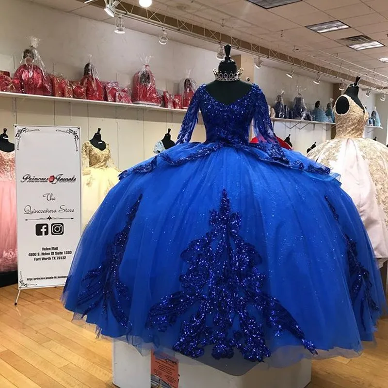 Royal Blue Sequins Quinceanera Dresses Long Sleeves Corset lace-up Sequined Ball Gown Sweet 16 Dress vestidos de xv años | Свадьбы и