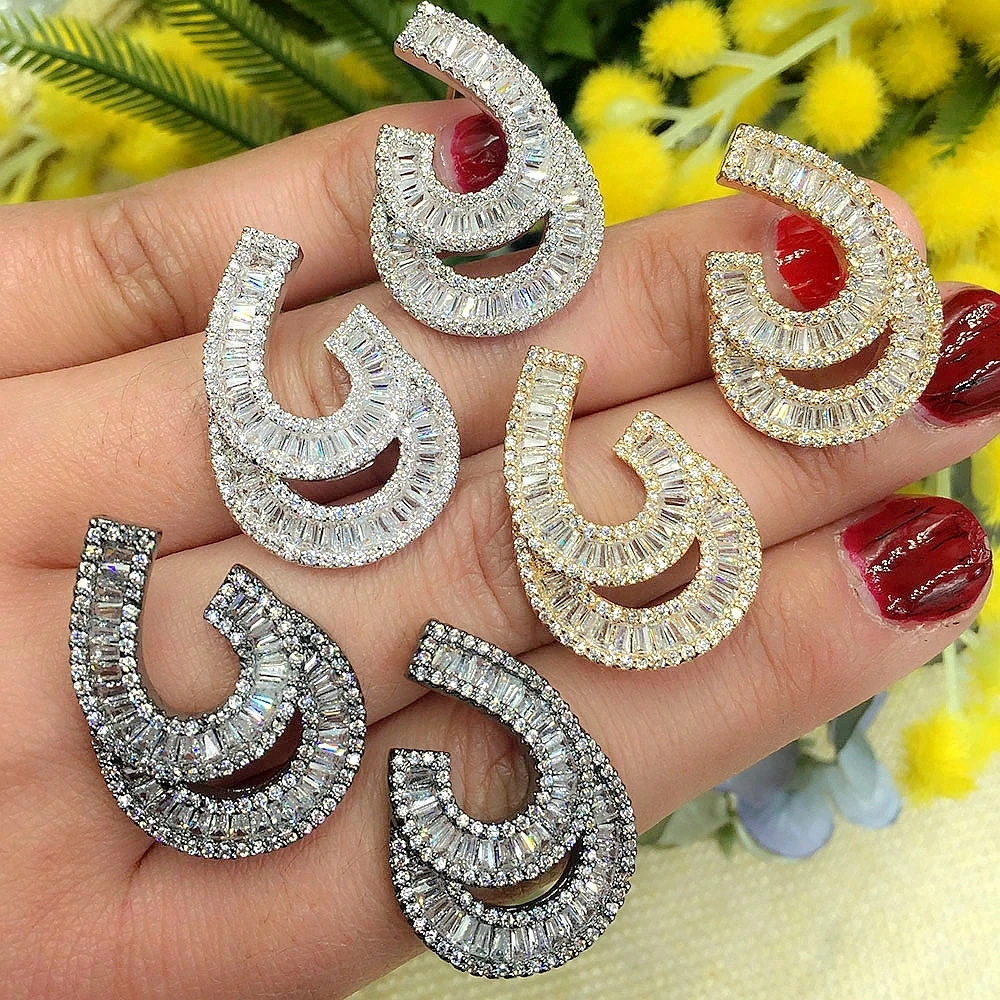 

SORAMOORE Elegant Curved Design Full Micro Cubic Zirconia CZ Engagement Wedding Party Nightclub Statment Earring High Quality