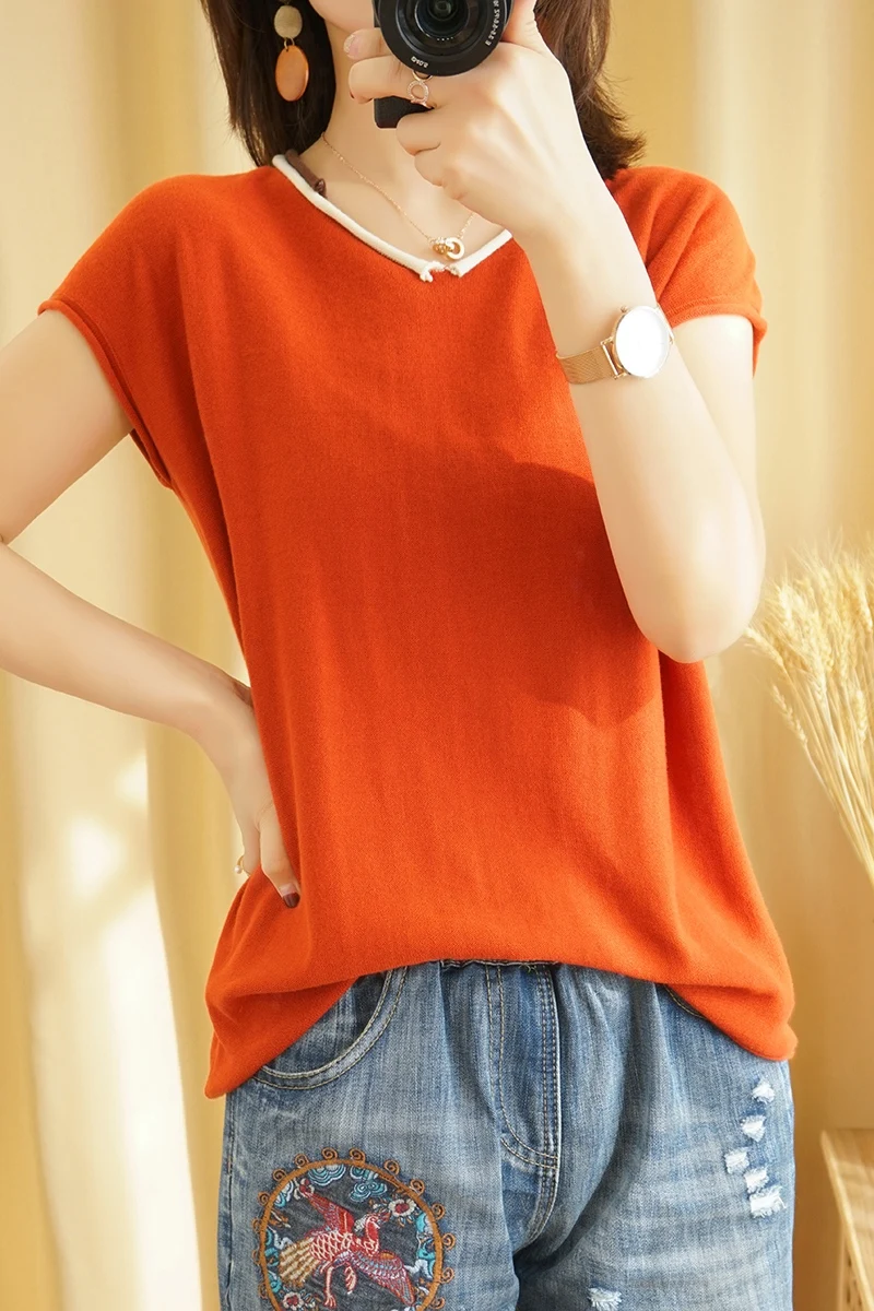 

Cotton short-sleeved women's t-shirt 2021 spring/summer new cotton line knitted bottom shirt loose cotton linen v collar casual