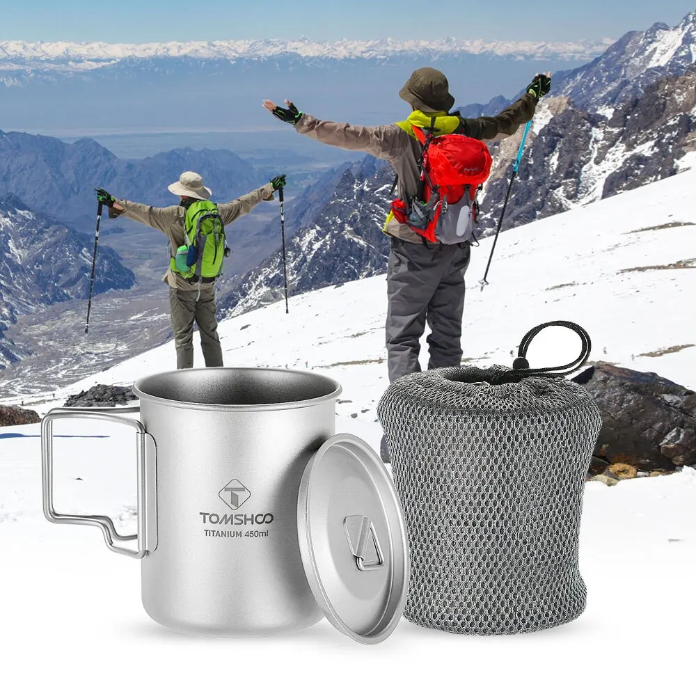 

TOMSHOO 450ml Titanium Cup Outdoor Portable Camping Picnic Water Cup Mug with Lid Foldable Handle Titanium Pot Cookware