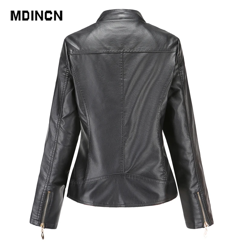 Женская кожаная куртка с воротником-стойкой однотонная верхняя одежда из