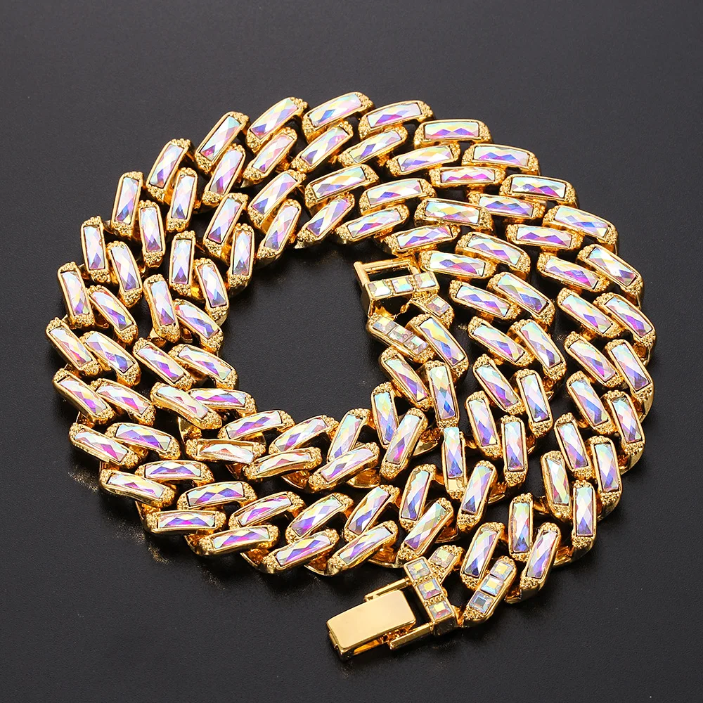 

Hip Hop Ice Sculpture Rhinestone 15mm Cuban Chain Super Flash Colorful Full Diamond Hip Hop Rapper Men's Necklace Bracelet