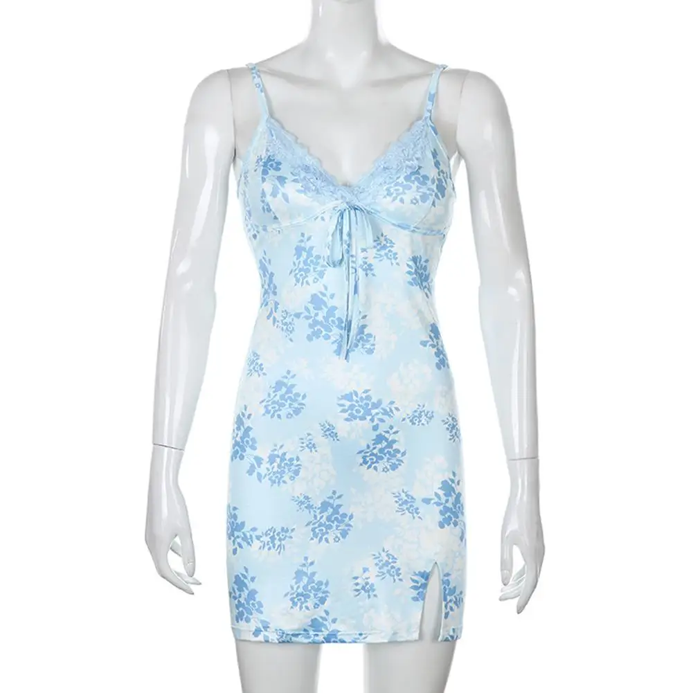 

Women Sexy Spaghetti Straps Lace Floral Print Slitting Hem Mini Bodycon Dress
