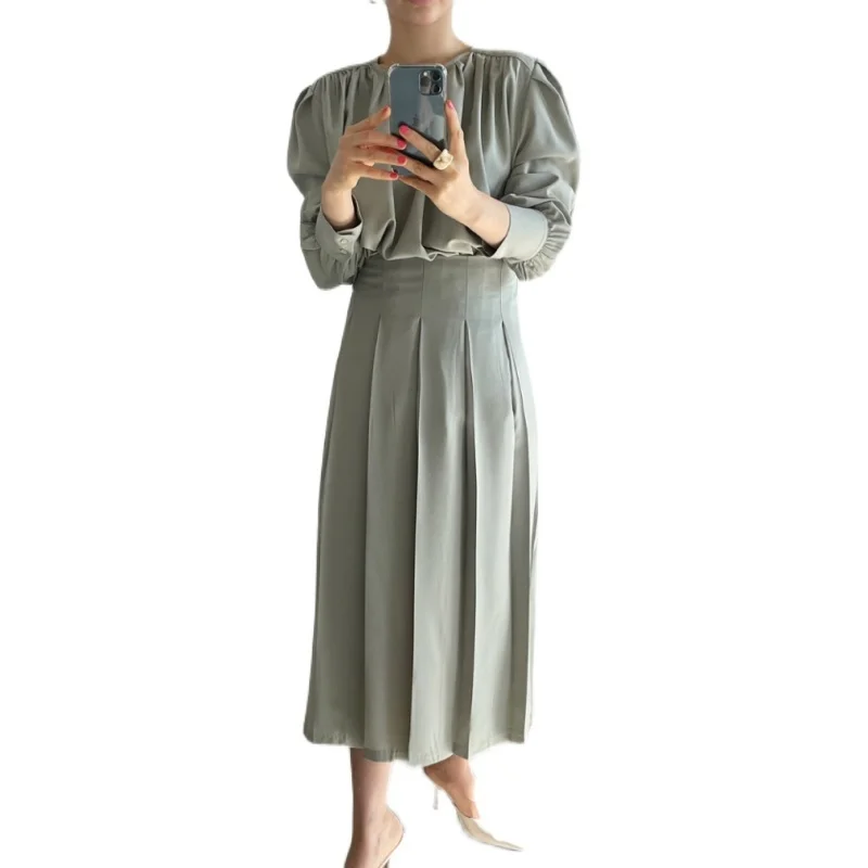 

Causal Women Tops Solid Green Blouse Plus Size Loose Clothing Fashion Round Collar Spring Long Sleeve Shirt Vintage Blouse 13353
