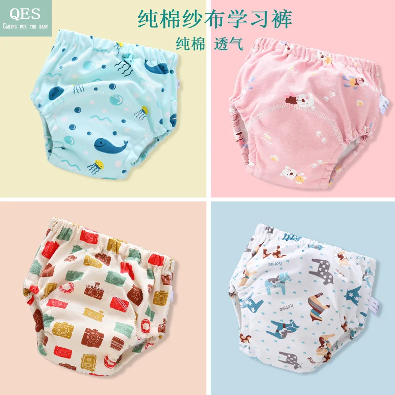 Pantalones de entrenamiento para beb&eacute;, pa&ntilde;ales de gasa lavables de 6 capas con bolsillos, pantalones de aprendizaje, pa&ntilde;ales de tela para beb&eacute;, pa&ntilde;ales transpirables para primavera y verano-0