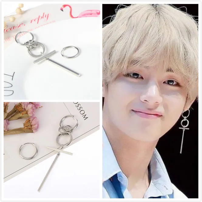Корейские круглые геометрические серьги Kpop Длинные мужские гвоздики с v образным