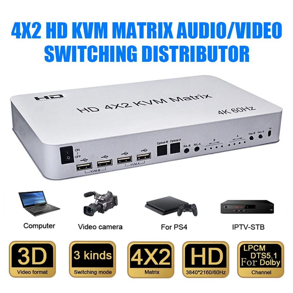 

4 порта USB HD KVM Matrix 4X2 двойной монитор 4K @ 60 Гц HDR переключатель сплиттер 4 в 2 Выход HD 2,0 переключатель для USB2.0 клавиатуры мыши ПК