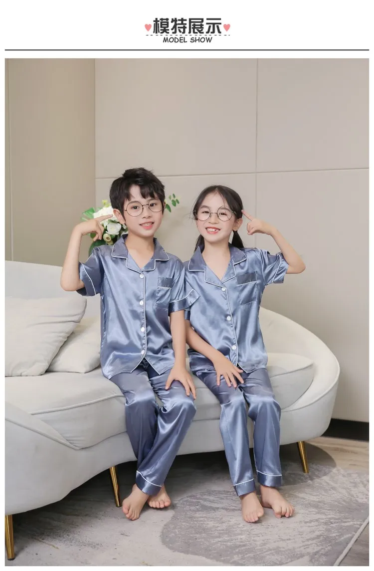 

New Children's Pajama Sets For Boys Girls Summer Short Sleeved Trousers Cute Solid Color Pjs Suit Kids Loose Silk Home Clothing