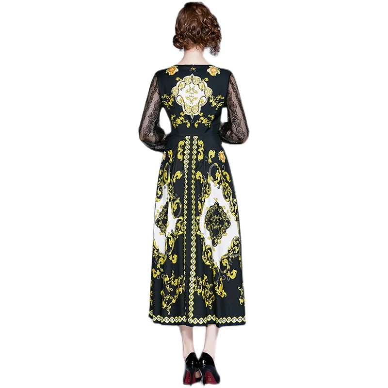 

Women Summer Elegant Black Floral Print Dress Festa High Quality Long Maxi Party Robe Femme Vinatge Designer Dresses Vestidos