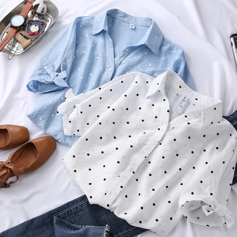 

Vintage Chiffon Polka Dots Shirt Women's Blouse Tops Short Sleeve Shirt