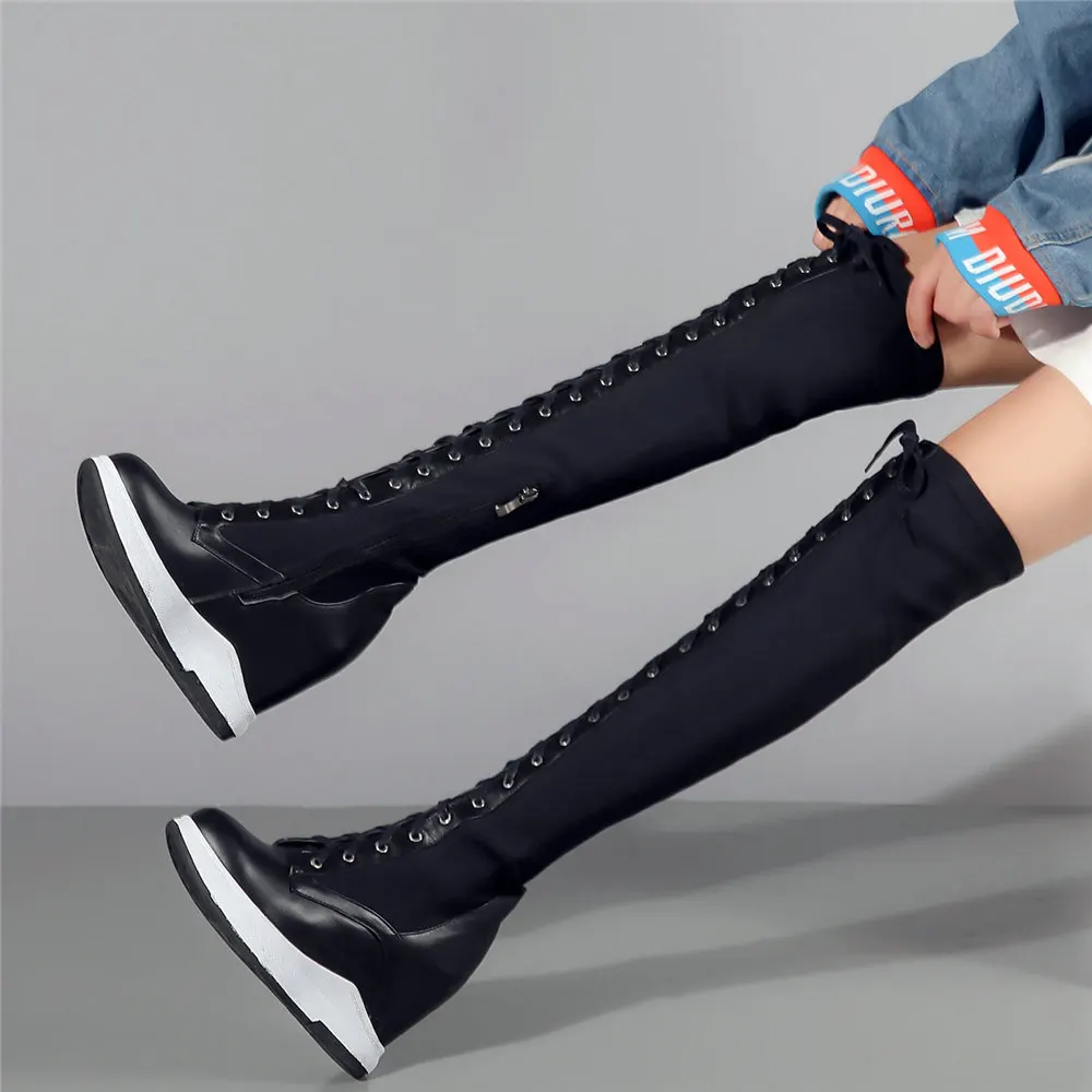 

Wedges Shoes Women Genuine Leather High Heel Platform Pumps Shoes Female Lace Up Round Toe Over The Knee High Fashion Sneakers