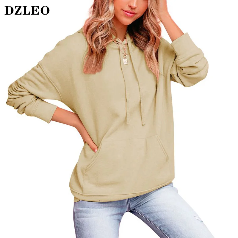 

Dzleo Hooded Casual Loose Pocket Sweatshirts Women Pullovers 2021 Autumn New Solid Color Long Sleeve Top Hoodies Sweatshirt