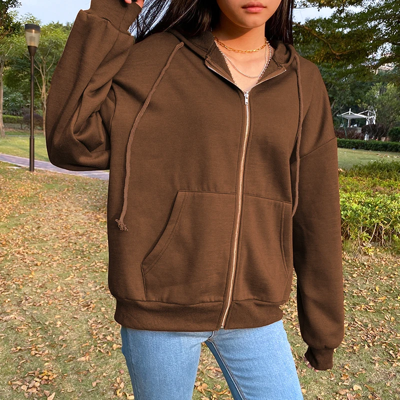 

Vintage Zip Up Winter Jacket Clothes Pockets Brown Y2K Aesthetic Women's Sweatshirts Sweaters Zip Hoodieclothes for teens bts