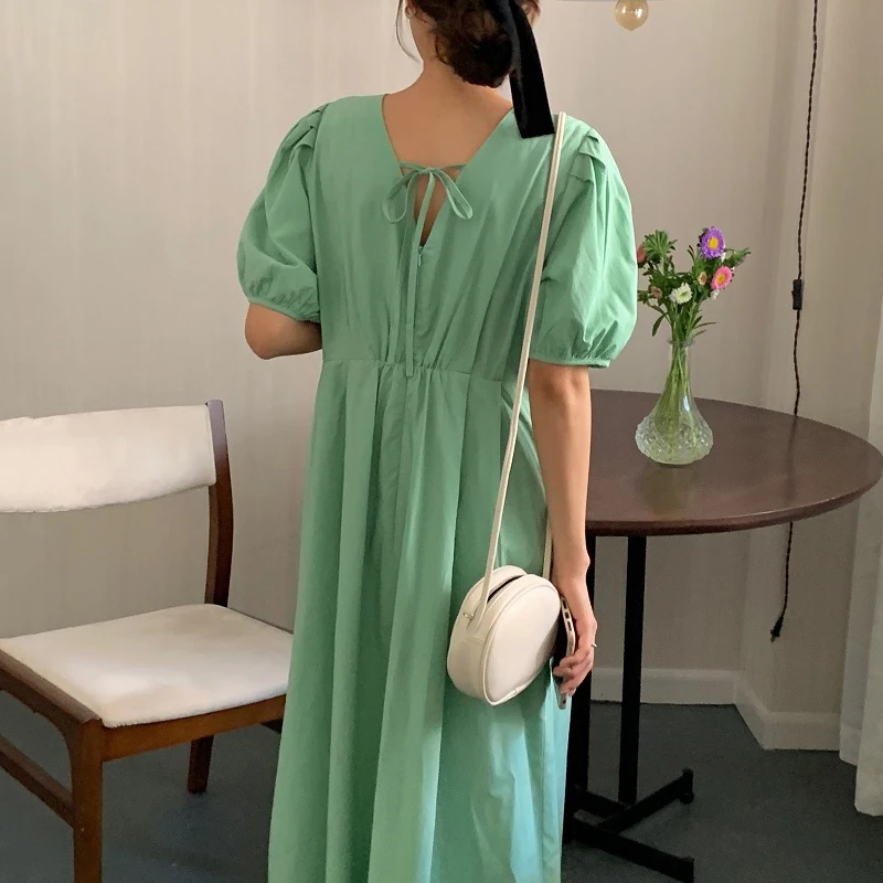 

Korejpaa Women Dress 2021 Summer Korean Chic Girl Gentle Candy Color Round Neck Halter Lace-Up Pleated Waist Puff Sleeve Vestido