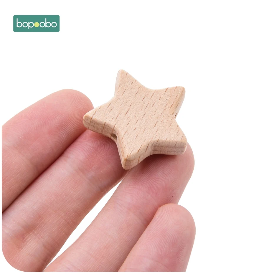 Bopoobo 50pc Baby Teething Beads Wooden Teether Beech Wooden Beads Teether Chewable Star Shape Beech Beads BPA Free Wood Bead