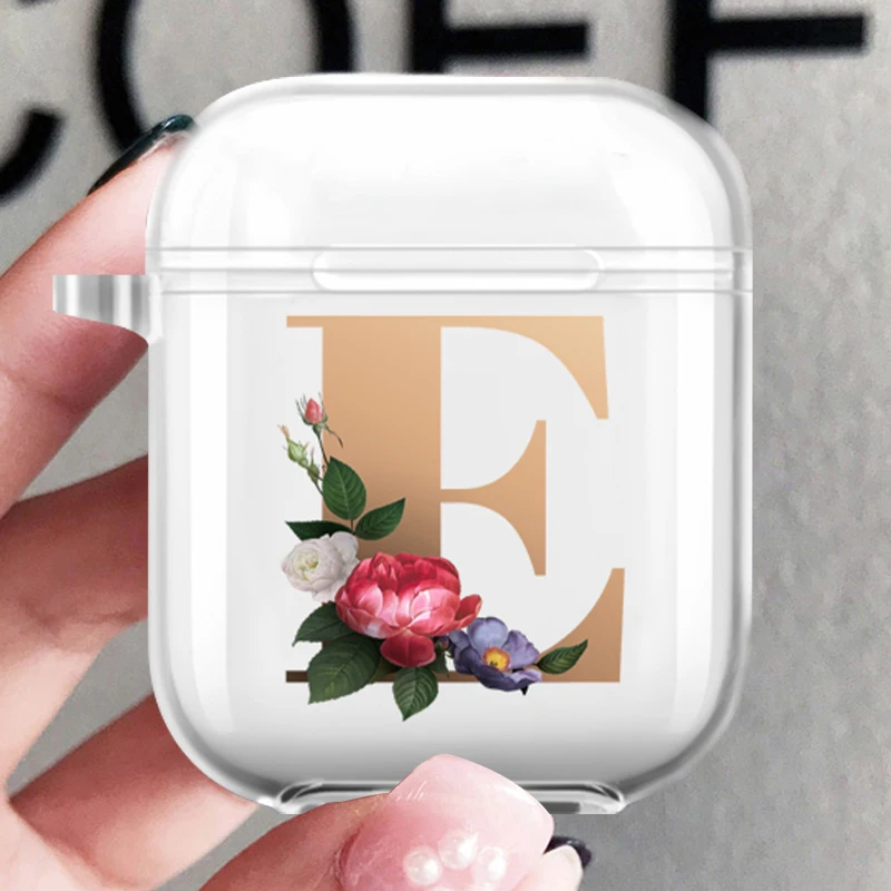 

Cute Flower initials gold black letters A to Z Clear Silicone Cover Case For Apple AirPods 1 2 Pro Wireless Earphone Accessories