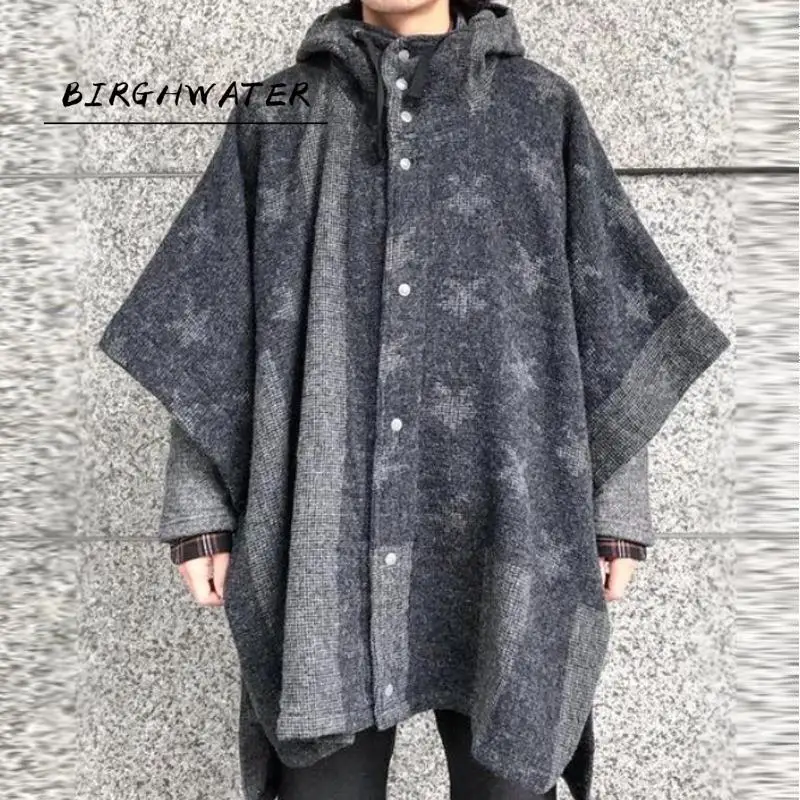 

Плащ-пончо мужской с капюшоном, модная однотонная накидка с V-образным вырезом, свободная уличная одежда, длинный Тренч неправильной формы, ...