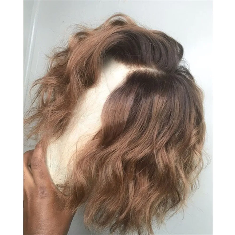 Pelucas frontales de encaje para mujeres, cabello humano 150% Remy, color marrón y rubio miel, ombré, ondulado, corte Romo prearrancado