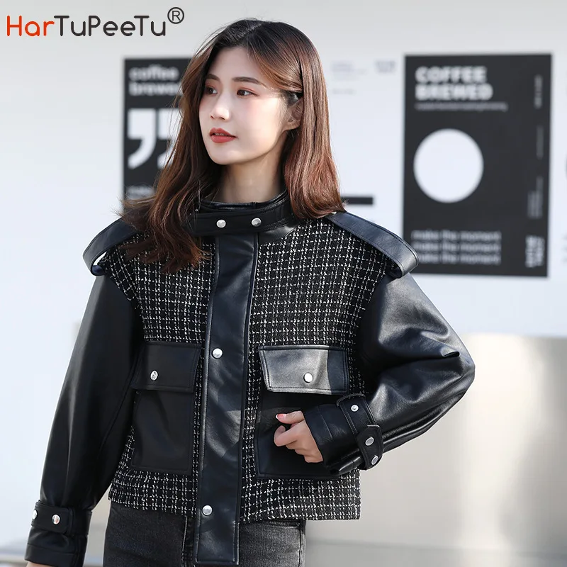 Korean Style PU Jacket Girls Spring Autumn 2021 Faux Leather BF Black Coat Patchwork Plaid Design Loose Casual Women Outwear