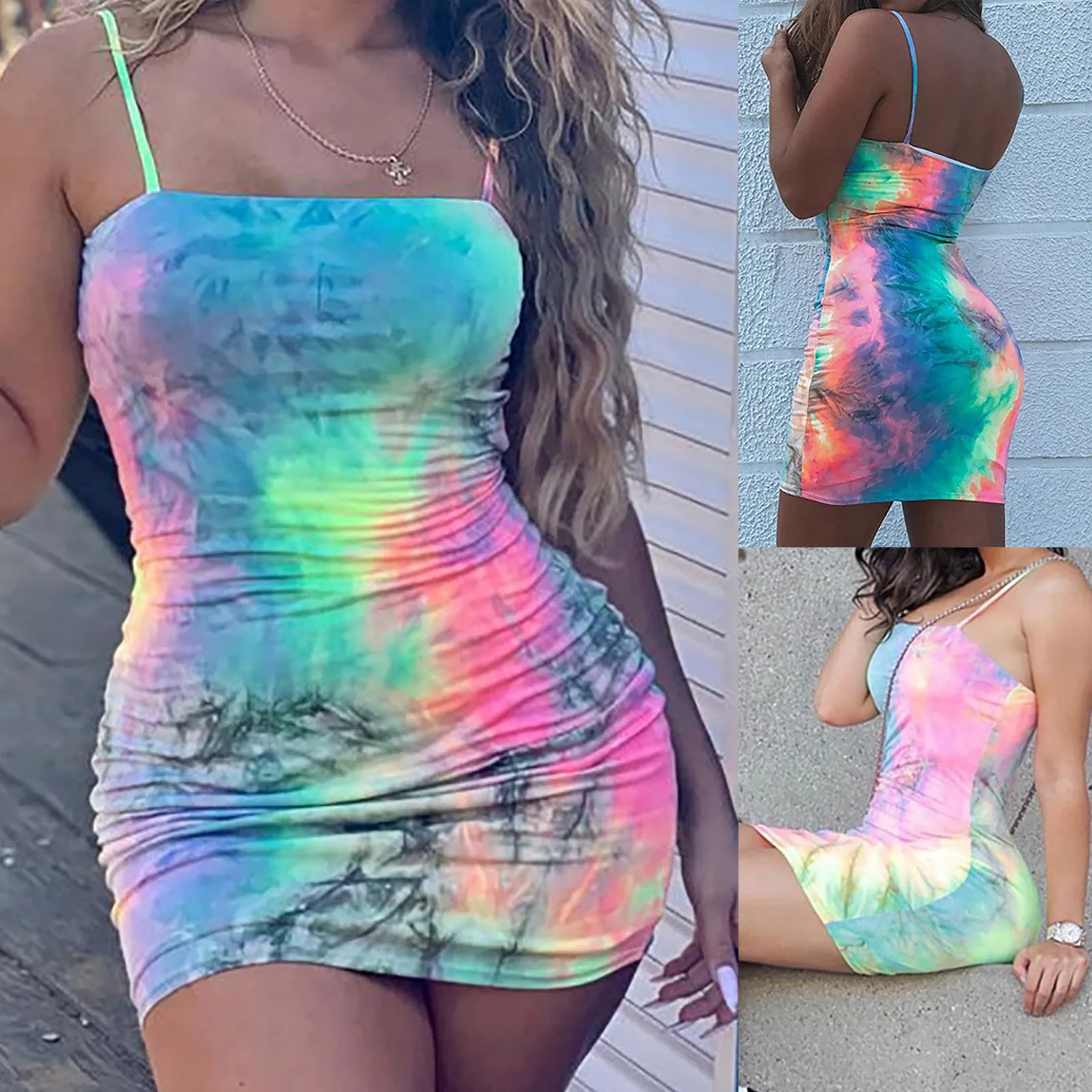 

Fashion Gradient Sling Club Dress Women V-Neck Backless Sleeveless Sheath Bodycon Mini Dresses летние платья 2021 robe femme