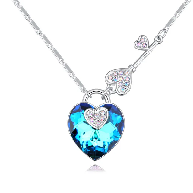 

New Key Heart Necklace Pendant Blue Yellow Purple Crystal Color Neck Chain Beauty Fashion Jewelry Set Fine Accessories Ornament
