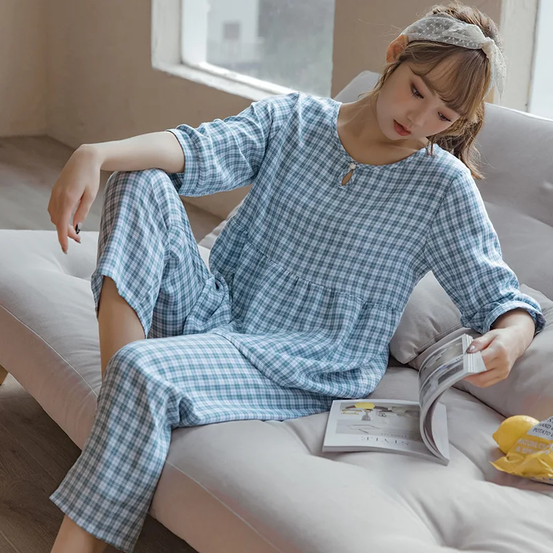 

Viscose Pajamas Sets For Women Casual Plaid Soft Sleepwear 2PCS Shirt&Pants Lounge Wear 2021 New Nightwear Pijamas Homewear