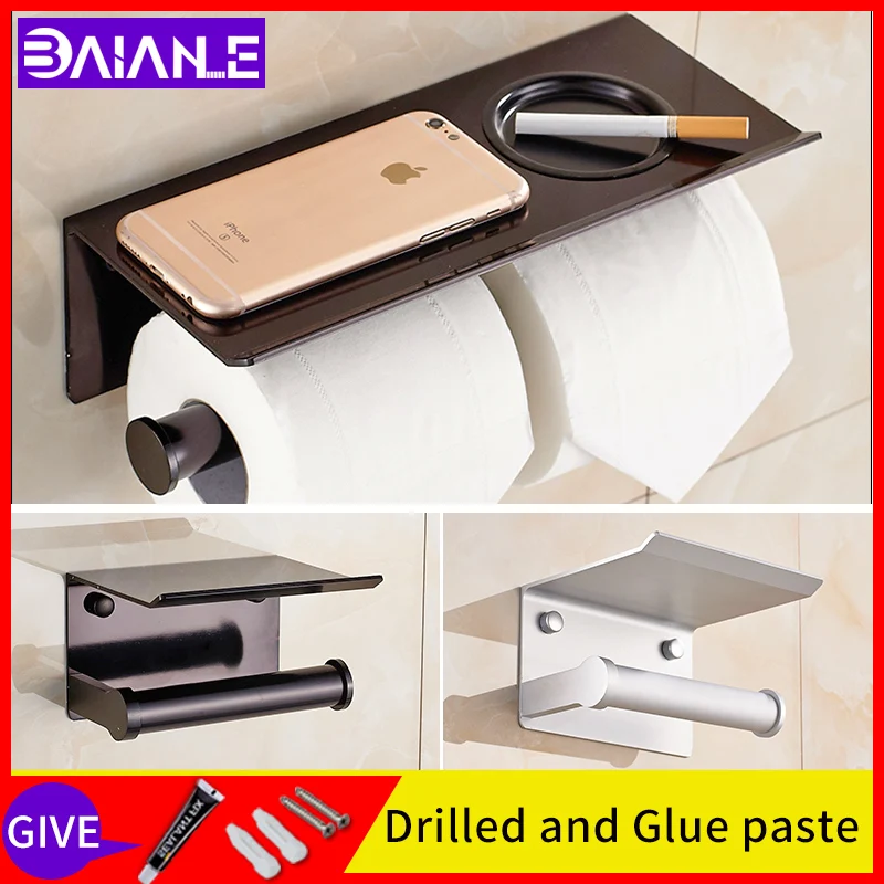 

Toilet paper holders black thickening Lengthen tissue holder wall mounted no screws washroom roll holder Mobile phone rack
