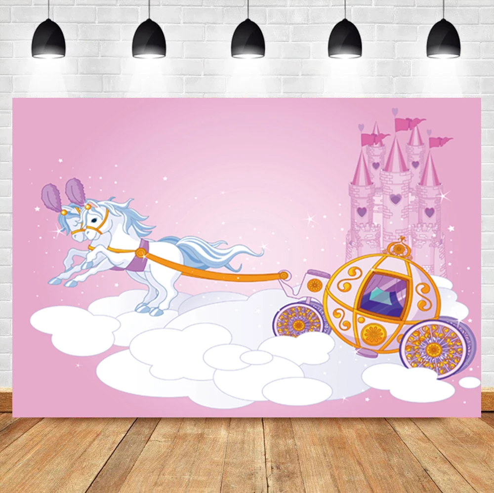 

Laeacco Pink Fairy Tale Castle Clouds Princess Pumpkin Carriage Birthday Backdrop Photographic Photo Background For Photo Studio