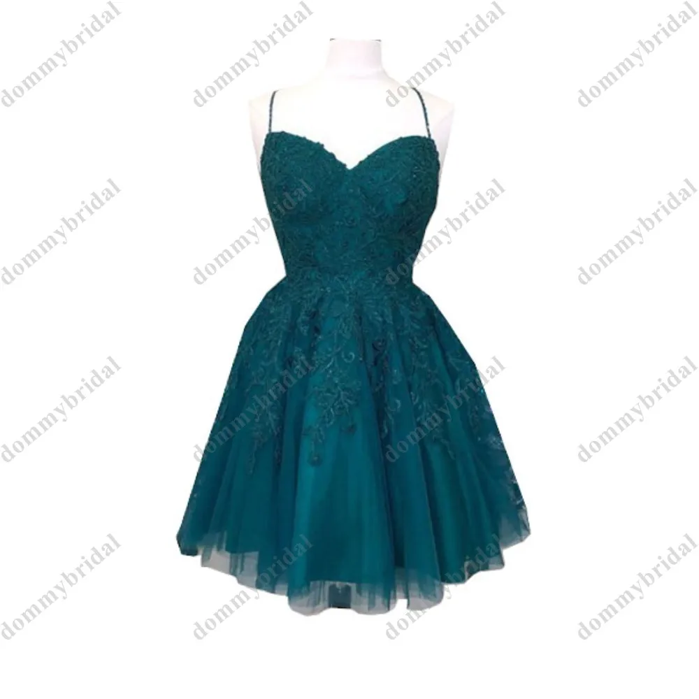 

2022 Simple Teal Short Homecoming Prom Graduation Dresses with Spaghetti Straps Tulle Applique Lace Mini Ruched Cheap