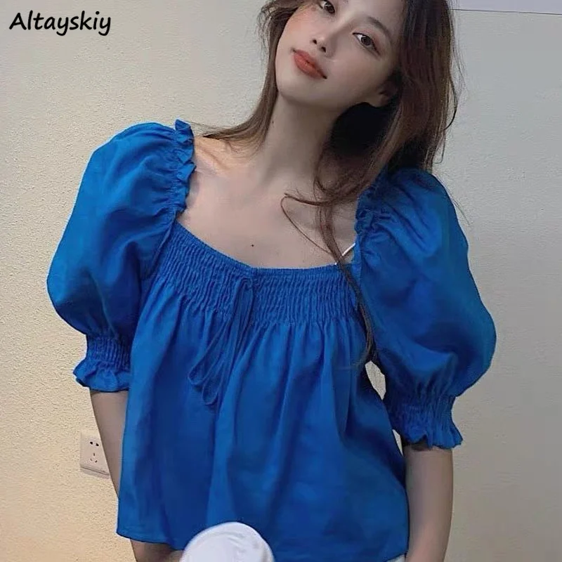 

Women Shirts Solid Short Puff Sleeve Princess Elegant Tender Trendy Chic Retro Temper Ruffles Folds Ulzzang Teens Sweet Lovely