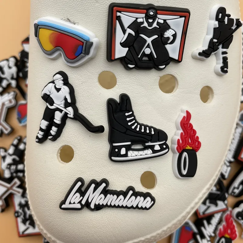 Single Sale 1 Pcs Crocs Charms PVC Shoe Decoration Hockey Player Shoe Charms Cool Goggles For Kids Party Gifts 18P-8L-4
