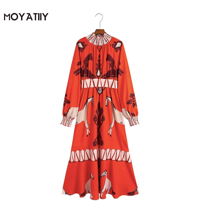 

MOYATIIY Women 2021 Fashion Animal Print Midi Dress Classic Margic Pattern Elasstic Waist Dresses Pullover Female Vestidos