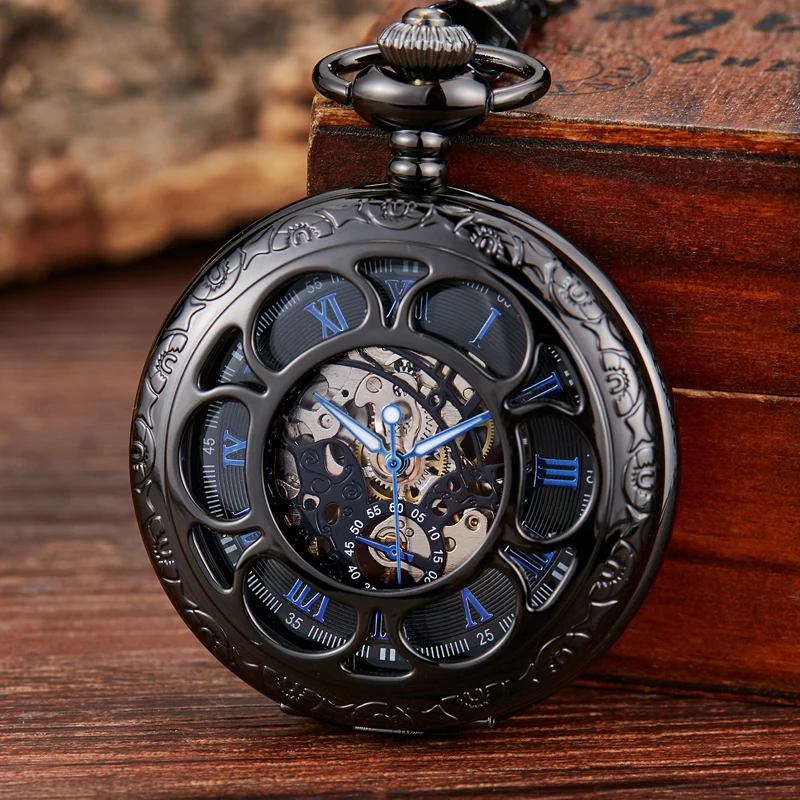 Retro Flower Hollow Skeleton Automatic Mechanical Pocket Watch Mens Fob Chain Steel Exquisite Sculpture Women Roman Numerals