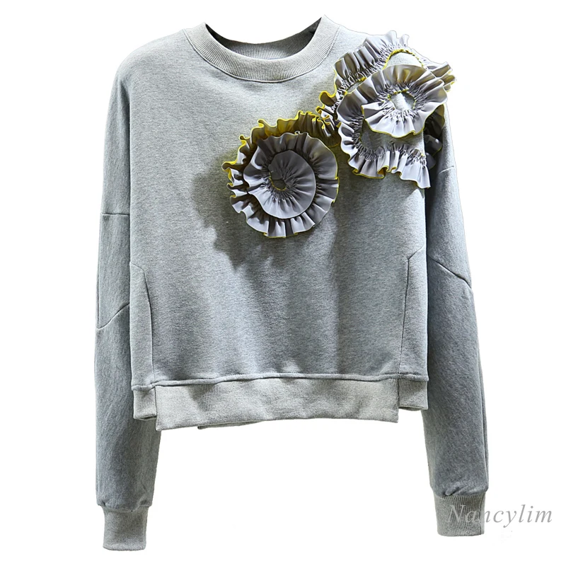 

Short Sweatshirt Women Korean Style Fashion Three-Dimensional Flower Long Sleeve Leisure Hoodies Grey Blue Black 2021 Spring