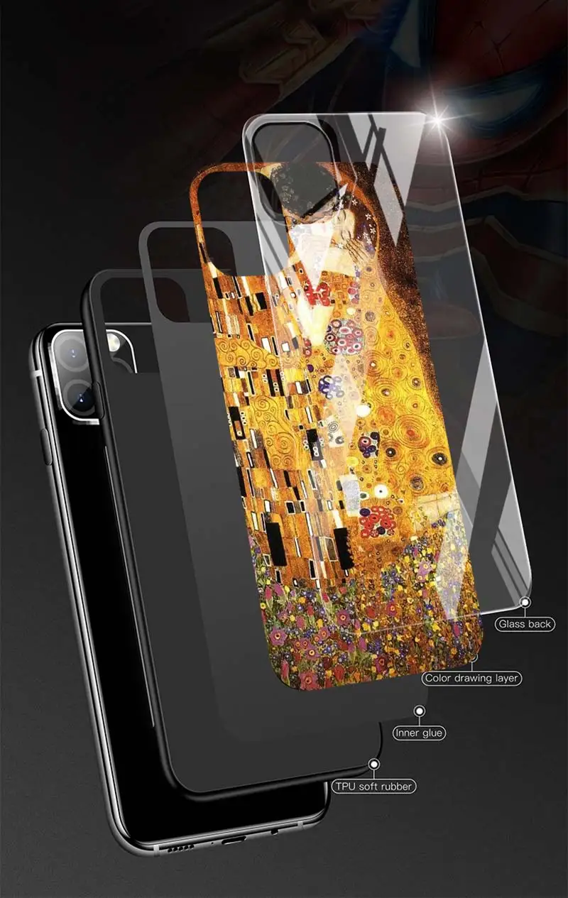 Чехол Gustav Klimt the kiss из закаленного стекла с рисунком для iPhone 11 12 13 Pro MAX Mini 7 8 X XR XS 6 6S