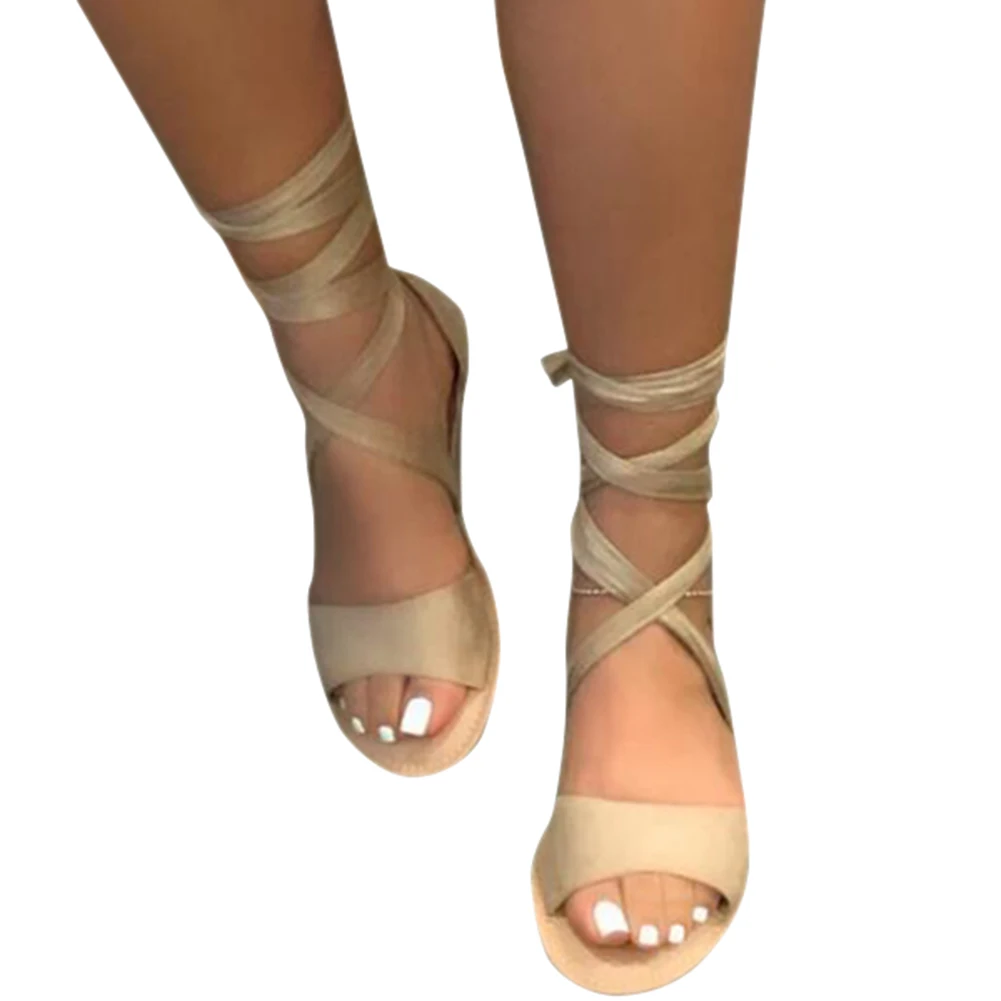 

Fashion Women Strappy Sandals Flat Solid Color Lace Up Summer Beach Casual Shoes NYZ Shop